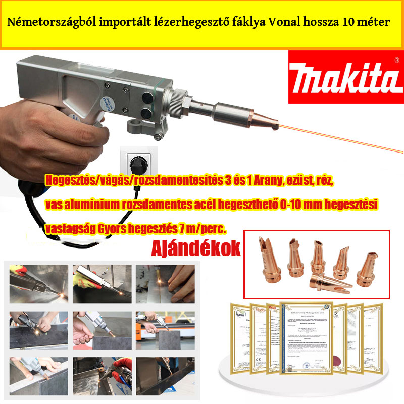 【Makita】 3000 W-os többfunkciós lézerpisztoly (arany/ezüst/réz/vas/alumínium/rozsdamentes acél hegesztése) 0-10 mm vastagságú hegesztés (hegesztés/vágás/kőeltávolítás 3 az 1-ben)