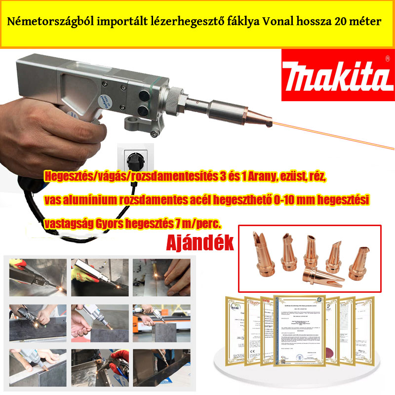 【Makita】 4000 W-os többfunkciós lézerpisztoly (hegesztési arany/ezüst/réz/vas/alumínium/rozsdamentes acél) hegesztési vastagság 0-20 mm (hegesztés/vágás/kőeltávolítás 3 az 1-ben)