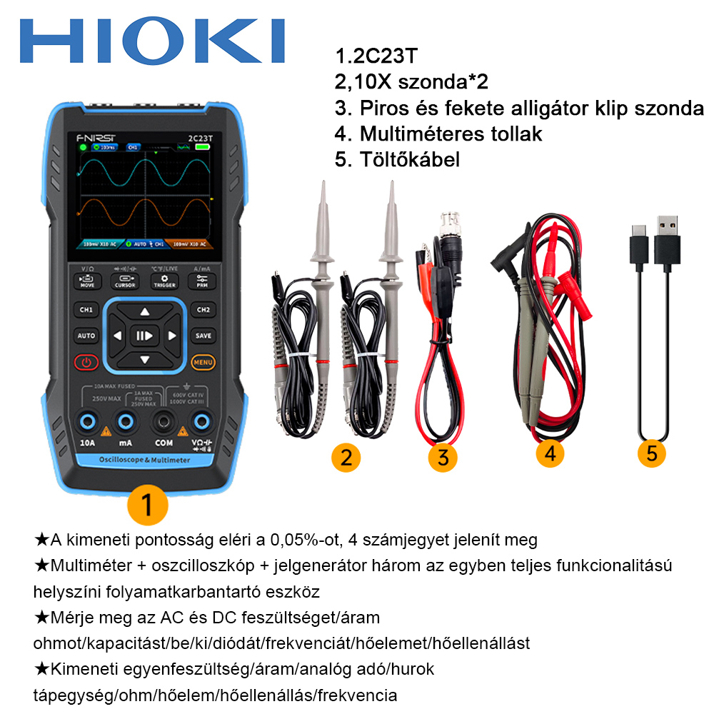 2C25T-Kimeneti pontosság eléri a 0,05%-ot, kijelző 4 számjegy/multiméter + oszcilloszkóp + jelgenerátor három az egyben