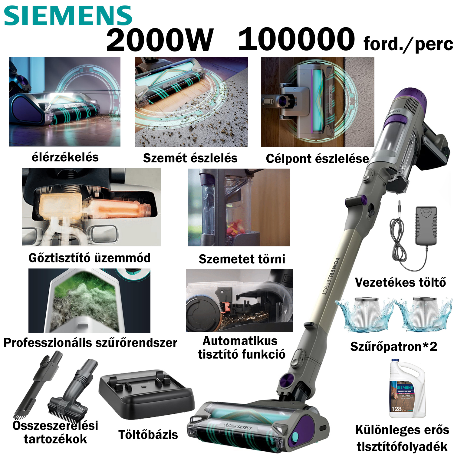 [A Siemens legújabb, többfunkciós intelligens vákuum- és felmosógépe] 2000W/36000Pa, 100000 ford./perc kefe nélküli motor + élérzékelés + célfelismerés + szűrő*2 + vezetékes töltő + szennyeződésészlelés, amely intelligensen képes megkülönböztetni a szilárd anyagokat és a folyadékokat Szemétváltásos tisztítási mód + tisztítótartozékok * 2 + összecsukható technológia + vezeték nélküli töltőaljzat, amely töltés közben automatikusan automatikus tisztító üzemmódra válthat + Siemens tisztítófolyadék + gőztisztító üzemmód + szemétzúzás funkció + professzionális szűrőrendszer + automatikus tisztító üzemmód